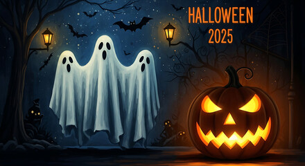 Halloween 2025 image with ghosts, jack-o'-lantern, and bats