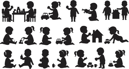 kids playing silhouette vector, children activity clipart, toddlers toy icons, preschool learning figures, baby interaction graphics, child development illustration, black design set