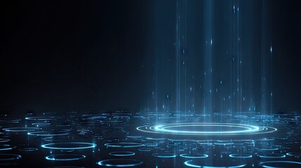 Abstract digital design with glowing rings and beams.