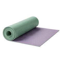 A partially rolled yoga mat with a light green rolled section and a purple flat section on white