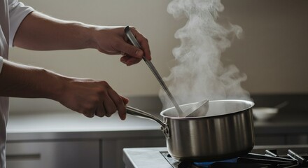 Chef Stirring Soup in Pot with Ladle