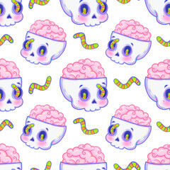Kawaii Skull with Brain and Worm Seamless Pattern Cute Pastel Goth Halloween Design on Transparent background