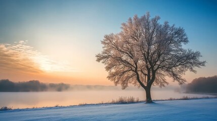 A serene winter landscape featuring a frost-covered tree illuminated by a golden sunrise glow.