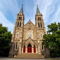 Stone church facade, trees