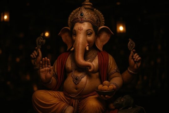 Ornate Ganesha idol with offerings and mouse in a dimly lit setting - Powered by Adobe