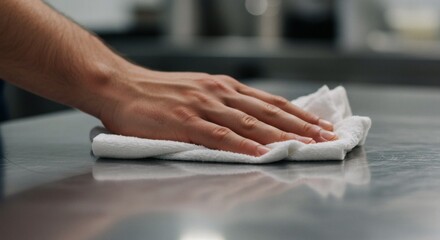 Fototapeta premium Hand Wiping a Shiny Metal Surface with a White Cloth