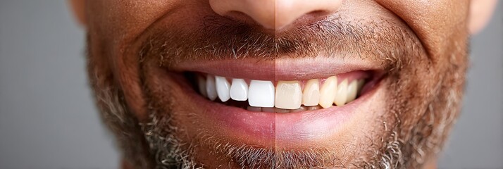 Fototapeta premium Close-up Portrait of Man Showing Whitening Tooth Procedures with Before and After Smile Comparison