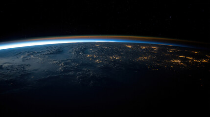 Fototapeta premium Earth from Space with Horizon Arc, Sunlit Clouds, City Lights, and Golden Sun Rays, Conveying Tranquility and Magnificence