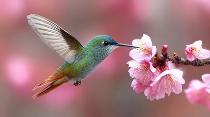 A Colorful Hummingbird Feeding on Bright Pink Flowers While Hovering in a Lush Garden Setting