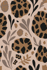 Summer Trend Abstract exotic shapes and floral leopard, jaguar themed, leaf and jungle muted and pastel colors, fashionable summer style enjoy, woman wear seamless vector art hand drawn pattern 
