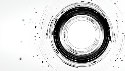 Abstract black and white concentric circles with digital elements. 