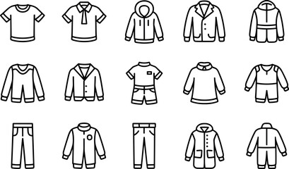 Collection of simple line art icons representing various types of casual men s clothing and outerwear for fashion design