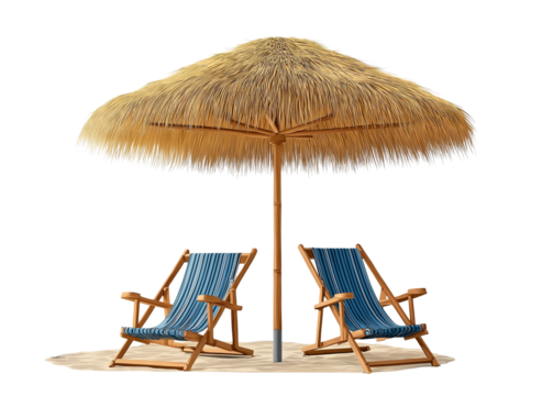  photorealistic beach chairs and straw umbrella isolated on white background, 