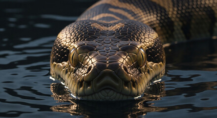 Fototapeta premium Close-up of a powerful adult python’s head and upper body emerging from dark murky water, patterned dark brown and tan scales, golden eyes with calm intense gaze, and dramatic lighting highlighting i