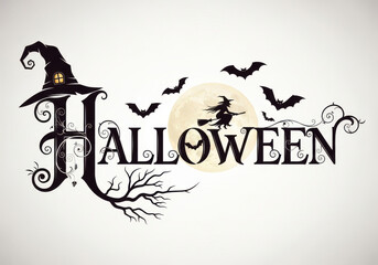 Halloween typography with witch, bats, and full moon illustration