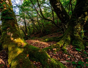 Fototapeta premium Sunlight filters mossy forest floor