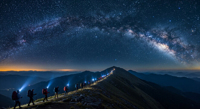 Group of hikers with flashlights ascending a mountain under a starry Milky Way night sky.
