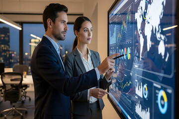 Business professionals analyzing financial data on a large interactive screen in an office meeting