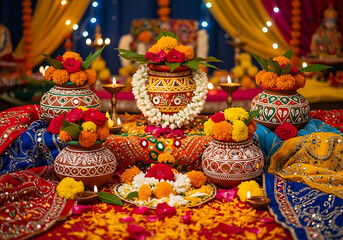Festive Hindu puja ceremony arrangement with a decorated kalash, marigold flowers, and glowing oil lamps for a traditional celebration.