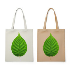 Two tote bags with green leaf print isolated on white background