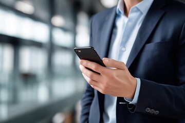 A professional man in a suit uses a smartphone in a modern office environment, emphasizing connectivity.