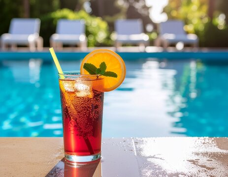 A refreshing cocktail with condensation by a swimming pool in summer