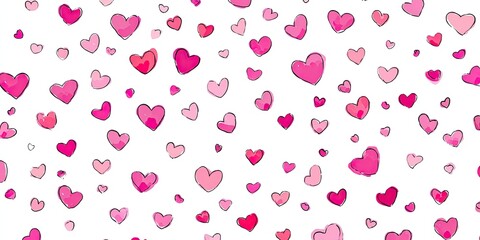Abstract pattern of scattered pink hearts on white background