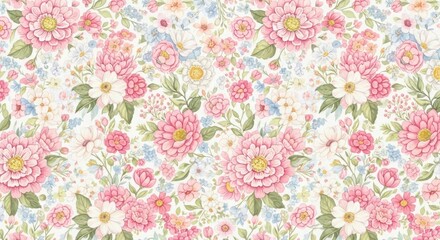 Beautiful pink and white floral pattern with green leaves, watercolor illustration