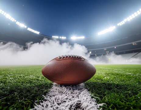 An American football on a misty field under stadium lights