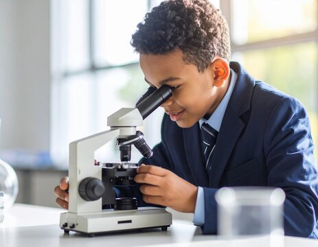 Focused Boy Studying Biology Microscope