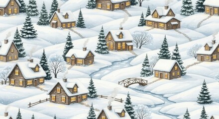 Cozy winter village scene with snowcovered cabins and pine trees