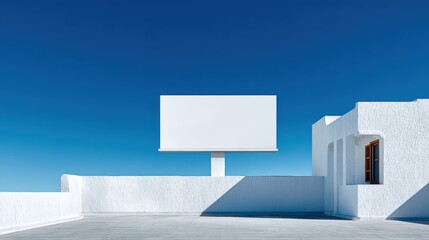 Blank Billboard Ad Space Against Clear Blue Sky on Building Rooftop for Advertising