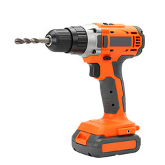 Orange and Gray Cordless Drill with Twist Drill Bit Side View isolated on white or transparent background. PNG