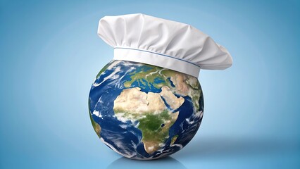 Planet Earth wearing white chef hat symbolizing world cuisine and international food
