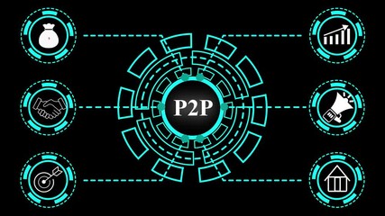 Businessman presses button with text P2P Peer-to-peer icon on virtual digital electronic user interface. communication network Business. technology background with Cyberspace HUD elements animation. - Powered by Adobe