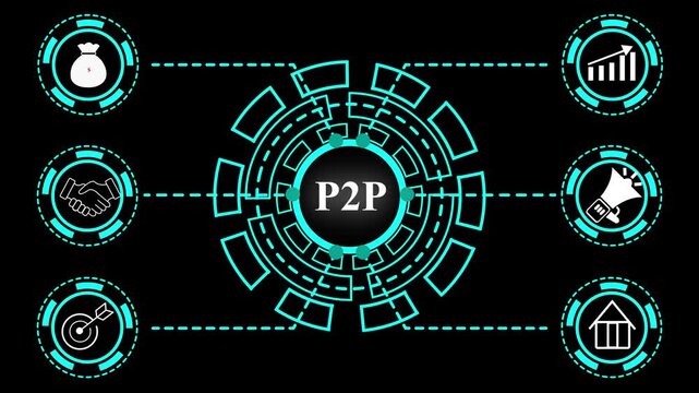 Businessman presses button with text P2P Peer-to-peer icon on virtual digital electronic user interface. communication network Business. technology background with Cyberspace HUD elements animation.