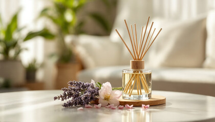 Close-up of a minimalist reed diffuser with decorative flowers in a bright, airy living room.

