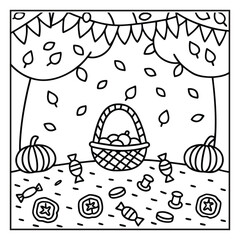 Cozy Halloween: Bold and Easy Coloring Page – Cute and Spooky Halloween Illustration Featuring Pumpkins, Ghosts, Bats, Haunted House, and Autumn Elements for Relaxing Coloring Fun for Kids and Adults