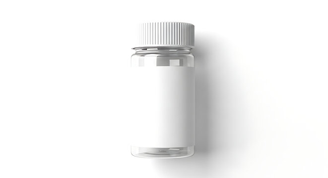 A clear medicine bottle with a blank white label and ribbed screw cap, isolated on a white background.