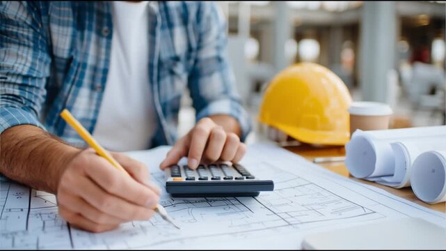 Construction worker drafts building plans while calculating project costs at job site in daylight