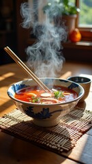 Warm spicy noodle soup in patterned bowl with chopsticks and steam