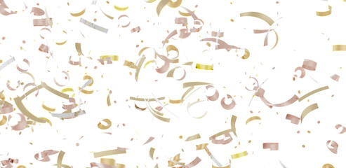 Rose gold and gold confetti falling on white background. Perfect for celebrations, parties, and festive designs.