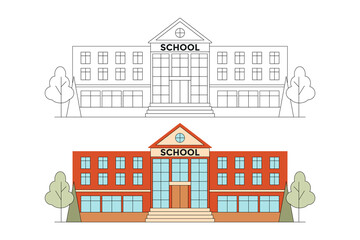 School building. Outline and Colorful vector illustrations school building. 