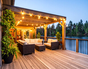 Serene Lakeside Patio Under a Wooden Pergola at Dusk