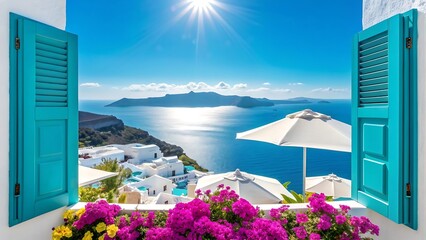 Fototapeta premium Santorini Greece sea view from blue window with flowers 