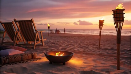 Romantic beach sunset with fire pit, tiki torches and lounge chairs
