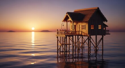 Solitary Stilt House Glowing in the Warmth of a Serene Sunset