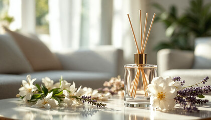 Close-up of a minimalist reed diffuser with decorative flowers in a bright, airy living room.
