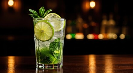 Refreshing mojito cocktail, garnished with lime and mint, on wooden bar