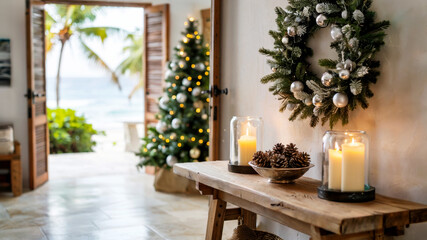 Beachfront villa hallway with rustic console table, candles, pine wreath and Christmas tree, tropical ocean view, concept of holiday decoration